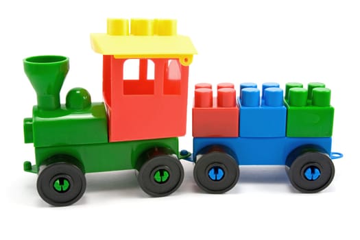 plastic train made from colorful building blocks