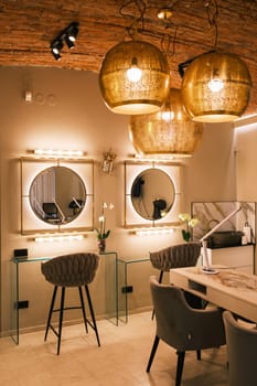 Modern interior design in a beauty salon. A place for visage and brow correction, vertical photo
