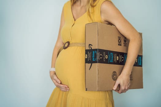 12.21.22, Mexico, Playa del Carmen: A pregnant woman received a package from Amazon. Products for pregnant women and babies on Amazon.