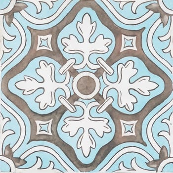 Watercolor illustration of portuguese ceramic tiles pattern. Single square tile.