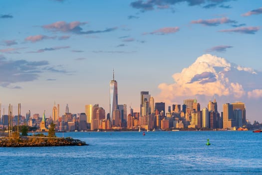 Manhattan's skyline, cityscape of New York City in the United State of America with the Statue of Liberty