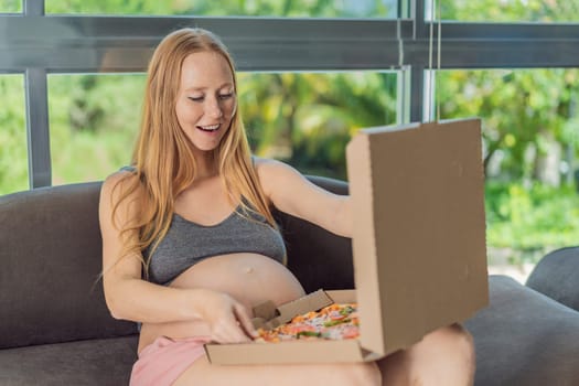 A pregnant woman enjoys a slice of pizza, savoring a moment of indulgence while satisfying her craving for a delightful, comforting treat. Excited Pregnant Young Lady Enjoying Pizza Holding Biting Tasty Slice Posing With Carton Box. Junk Food Lover Eating Italian Pizza. Unhealthy Nutrition Cheat Meal.