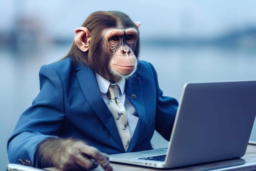 Confident monkey in a business suit with a laptop. Concept of successful education, advanced training, promotion and career growth