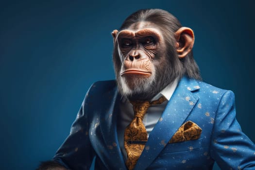 Confident monkey in a business suit on a blue background. Concept of successful education, advanced training, promotion and career growth