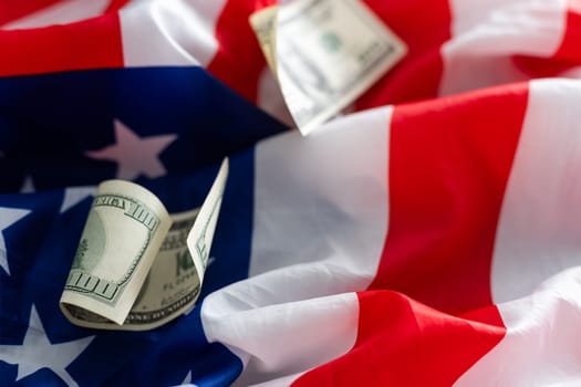 Stack of money on American Flag. dollars. High quality photo