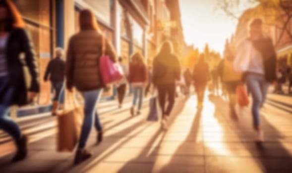 Busy shopping street in the city. Rush hour. Motion blurred crowd of shopping walking on busy fashion shop street. Crowd of people shoppers walking in the streets blurred background copy space