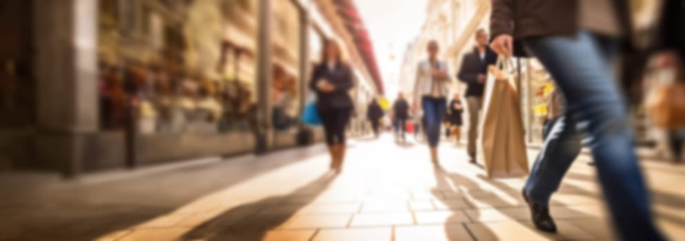 Busy shopping street in the city. Rush hour. Motion blurred crowd of shopping walking on busy fashion shop street. Crowd of people shoppers walking in the streets blurred background copy space