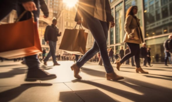 Busy shopping street in the city. Rush hour. Motion blurred crowd of shopping walking on busy fashion shop street. Crowd of people shoppers walking in the streets blurred background copy space