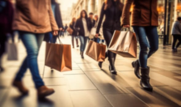 Busy shopping street in the city. Rush hour. Motion blurred crowd of shopping walking on busy fashion shop street. Crowd of people shoppers walking in the streets blurred background copy space