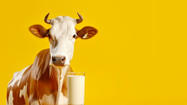Cow with a glass of milk on a yellow background with empty space. Production of milk and dairy products