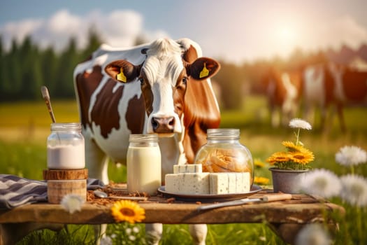 Cow near a wooden table with milk and dairy products, against the background of a field with green grass