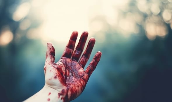 Hand of killed person or the killer with bloody hands. Abuse and domestic violence. horror or Halloween background or surface with bloody red hands prints on moody wall with copy space. Halloween background Space for text