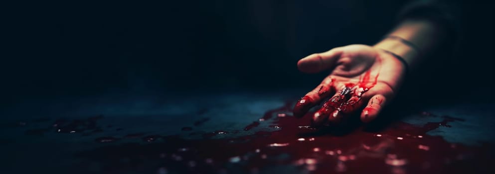 Hand of killed person or the killer with bloody hands. Abuse and domestic violence. horror or Halloween background or surface with bloody red hands prints on moody wall with copy space. Halloween background Space for text