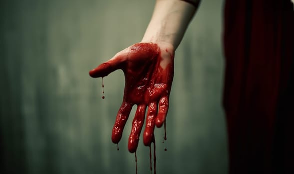 Hand of killed person or the killer with bloody hands. Abuse and domestic violence. horror or Halloween background or surface with bloody red hands prints on moody wall with copy space. Halloween background Space for text