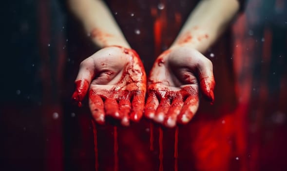 Hand of killed person or the killer with bloody hands. Abuse and domestic violence. horror or Halloween background or surface with bloody red hands prints on moody wall with copy space. Halloween background Space for text