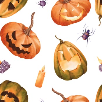 Seamless Halloween pattern. bright orange pumpkins with carved faces, with orange and purple candles and venomous spiders. Classic holiday elements. watercolor. for packaging, textiles, and books.