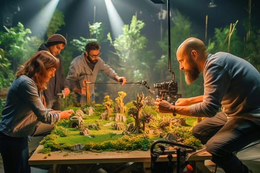 A friendly team with a director shoots a movie on a constructed mock-up of a lawn. High quality photo
