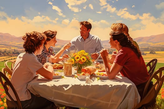 A group of friends celebrate a festive event outdoors at the table. High quality illustration