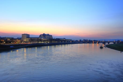 View from the Augustus Bridge over the Elbe near Dresden at dusk