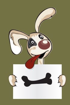 Cute puppy in cartoon style holding a sign saying : "Give me a bone!"""
