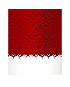 Decorative card with room for text and damask pattern in red tones.