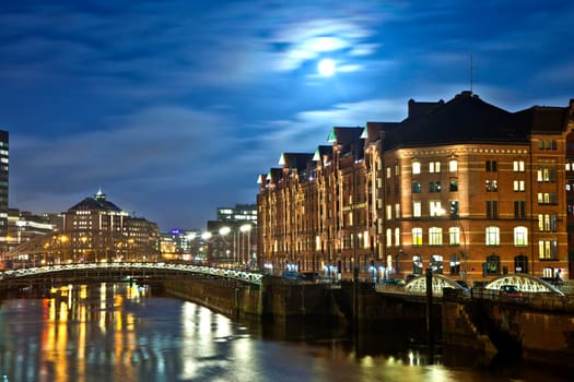 historic Speicherstadt at night in Hamburg