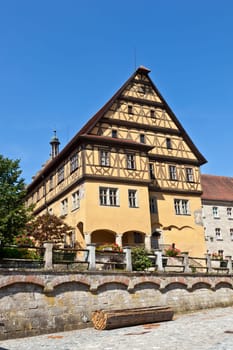 historic half-timbered house in romantic medieval town of Dinkelsbuehl in Bavaria, Germany.