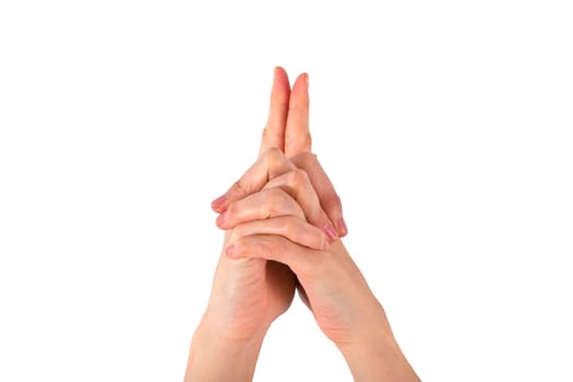 A womans hand is shown in yoga gesture