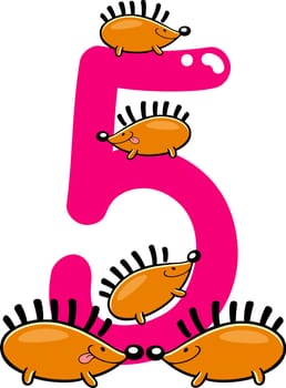 cartoon illustration with number five and hedgehogs