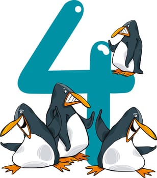 cartoon illustration with number four and penguins
