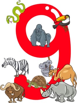 cartoon illustration with number nine and different animals