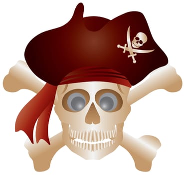 Skull with Pirate Hat and Cross Bones Isolated on White Background Illustration