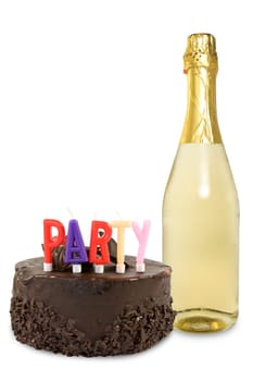 birthday cake and champagne bottle over a white background