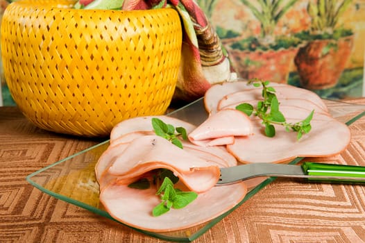 some slices of smoked ham with grass