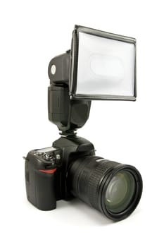 photo camera with flash gun on white background