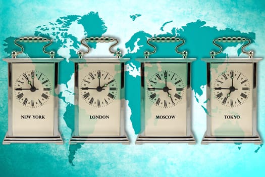 business travel concept. Timezone clocks showing different time