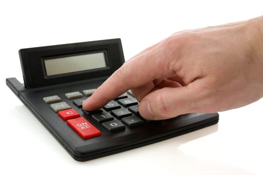 calculator and hand over a white background