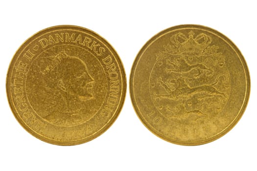 Obverse and reverse  of 10 Danish kroner. Isolated on white background