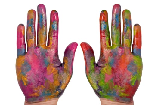 two painted colorful hands over white background