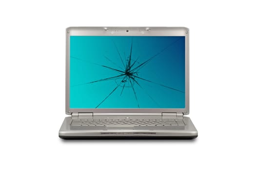 Computer with damaged screen. Isolated on white background