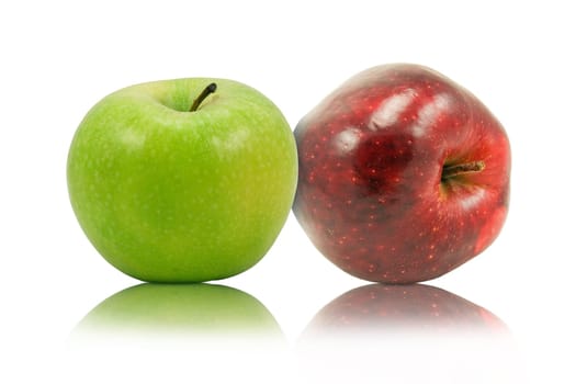 green and red apple on white background