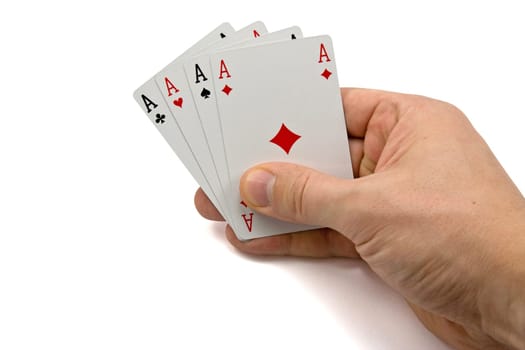 hand with four aces,isolated on white background