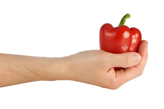 hand with a sweet pepper. isolated on white.