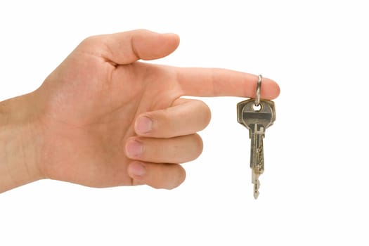 hand with keys on forefinger, over white background