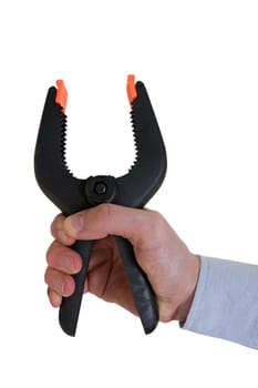 hand with plastic clamp isolated on white background