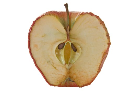 Inside of an old apple on white background