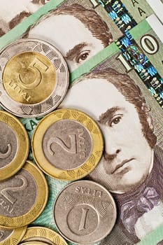 close up of a lithuanian money,coins on banknotes