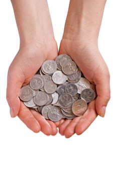 Hands and coins, isolated on white background
