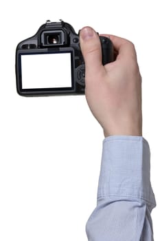 hand with digital photo camera. isolated on white background