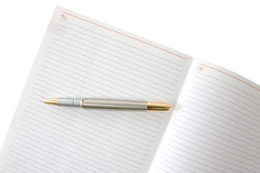ink pen and notebook isolated on white background